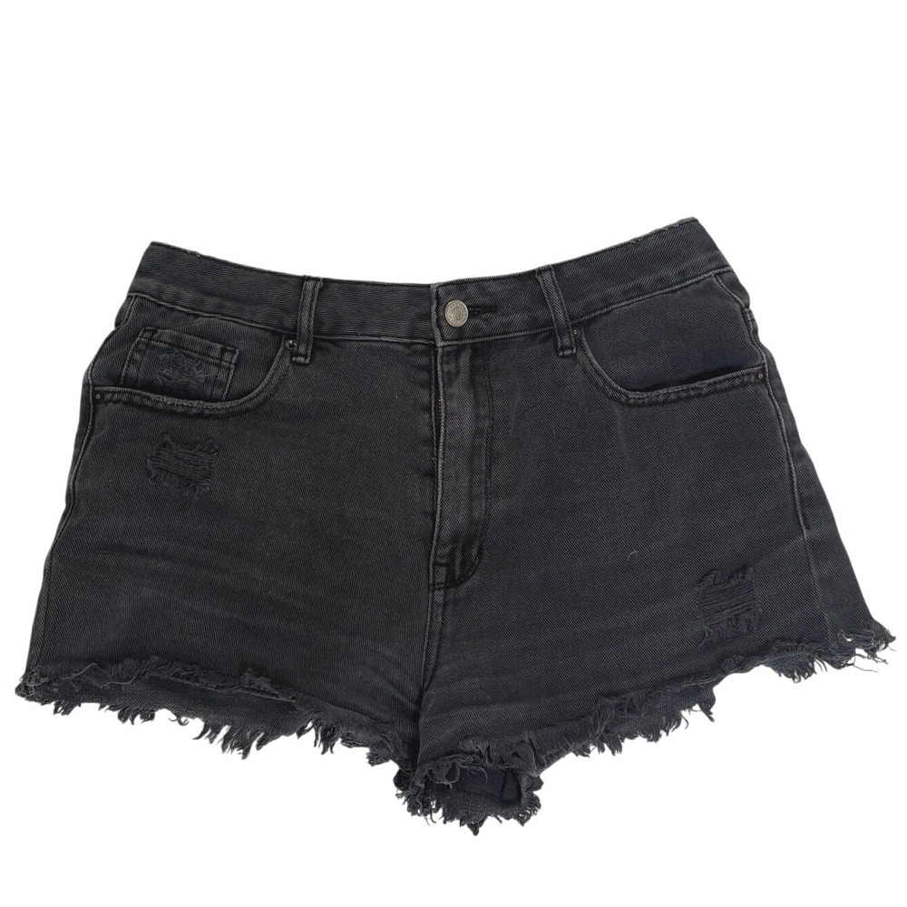 PacSun High Rise Festival Black Distressed Denim Jean Shorts Size 27 Frayed Hem